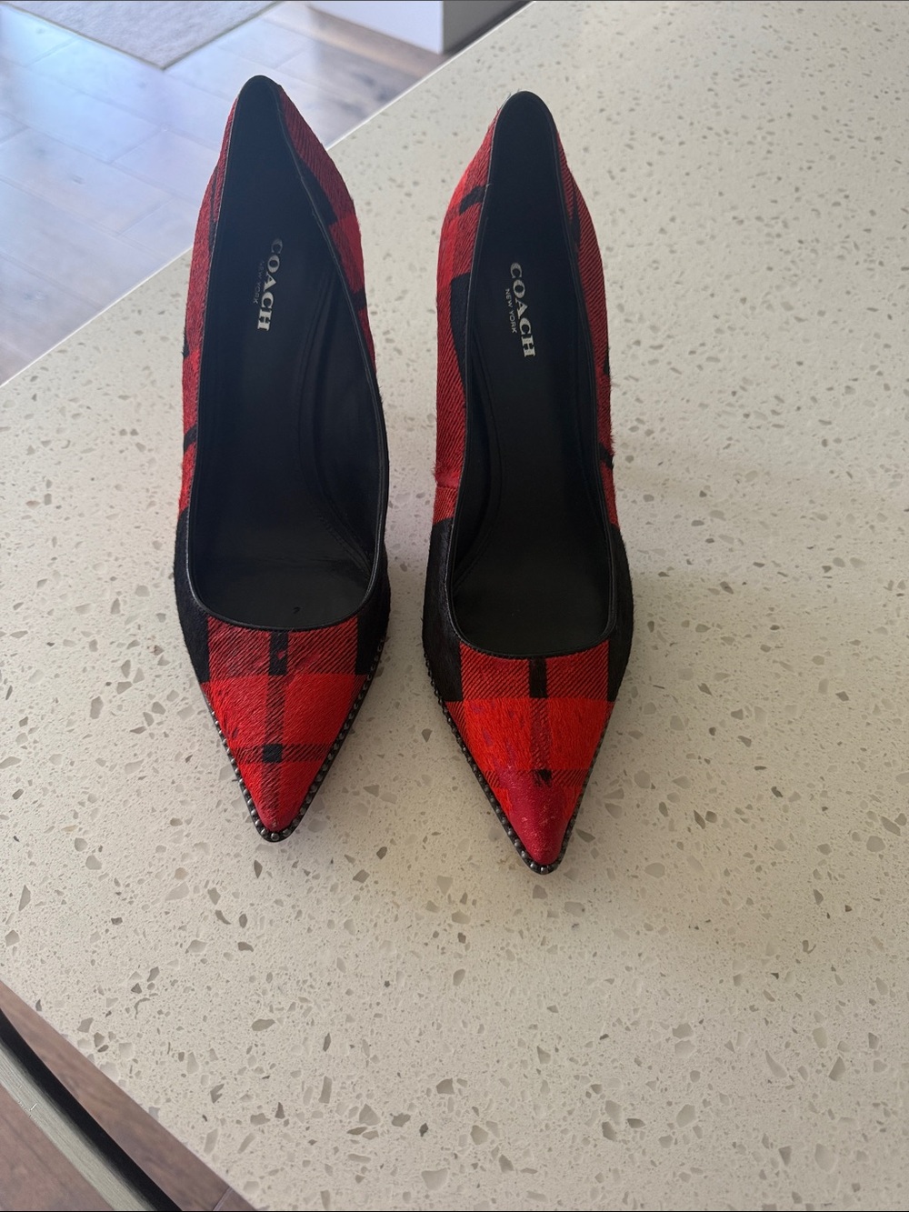 Coach Orange and Black Plaid Pointed-Toe Pumps